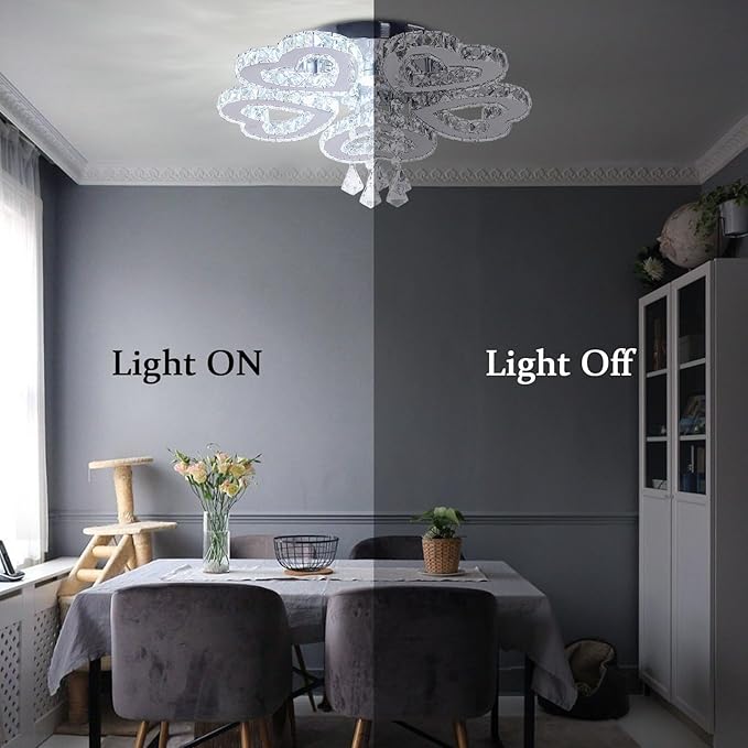 5 Heart Ring Crystal Ceiling Light, Modern LED Flush Mount Chandelier with K9 Crystals Cool White Stainless Steel Light Fixture for Living Room, Bedroom, Dining Room