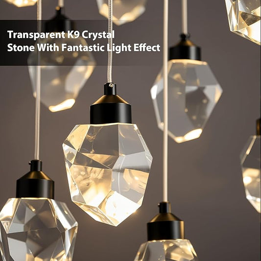 Crystal LED High Ceiling Chandelier: Long Remote Dimmable 12 Pendant Light Fixtures - Spiral Drop Flush Mount Sloped Ceilings Modern Chandeliers For Entryway Living Room Foyer Staircase Entrance