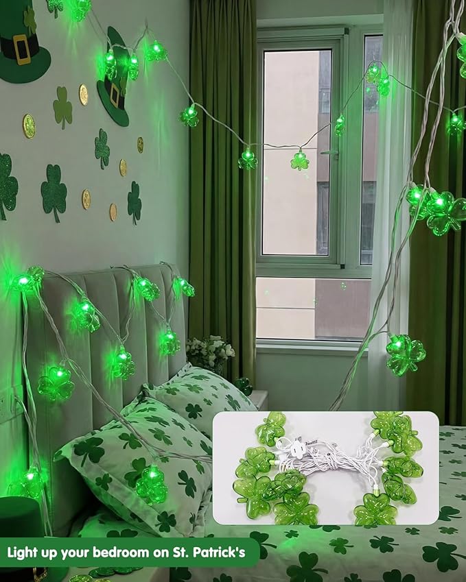 SUNSGNE Shamrock String Lights St. Patrick's Day Lights, 8.5Ft Outdoor Patio String Light with 10 LED Green Shamrock, Plug in Fairy Lucky Clover String Lights for Home Garden Irish Party Decoration