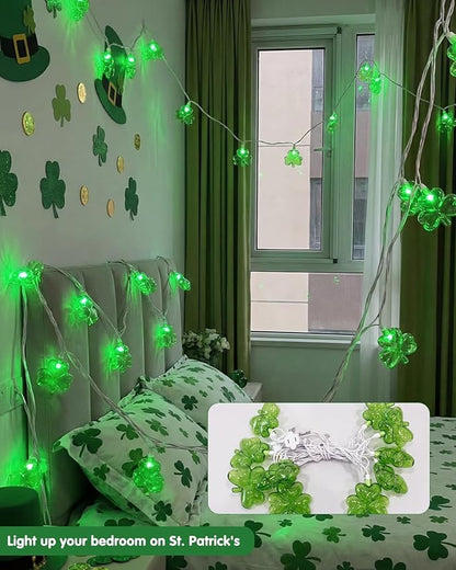 SUNSGNE Shamrock String Lights St. Patrick's Day Lights, 8.5Ft Outdoor Patio String Light with 10 LED Green Shamrock, Plug in Fairy Lucky Clover String Lights for Home Garden Irish Party Decoration