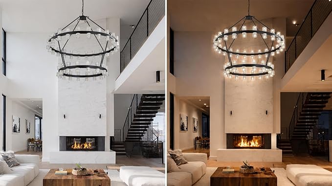 48 Inch Black Wagon Wheel Chandelier with Crystal Shade, 2 Tier 80 Lights, Modern Farmhouse Style, Ideal for Dining Room, Kitchen, Entryways