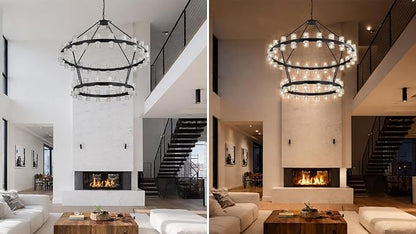 48 Inch Black Wagon Wheel Chandelier with Crystal Shade, 2 Tier 80 Lights, Modern Farmhouse Style, Ideal for Dining Room, Kitchen, Entryways