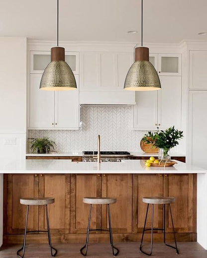 ELYONA 2 Pack Hammered Pendant Light Fixtures, 10.2" Vintage Metal Solid Wood Hanging Bar Lamp, Mid Century Antique Gold Pendant Lights for Kitchen Island, Farmhouse, Dining Room, Brushed Brass