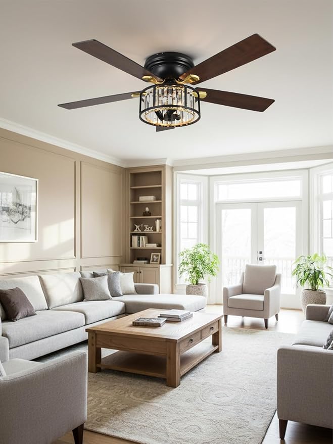 52" Flush Mount Crystal Ceiling Fan with Lights and Remote, Rustic Chandelier Ceiling Fan Low Profile Farmhouse Fandelier Light for Bedroom Living Room Kitchen, 3 E12 Bulbs (Not Included)