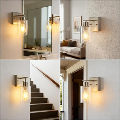 2-Pack Bathroom Wall Sconces, Brushed Nickel Vanity Lights, Modern Wall Light Fixture with Clear Glass Shade, Farmhouse Wall-Mount Lighting Lanterns, Wall Lamps for Mirror Living Room Bedroom Kitchen