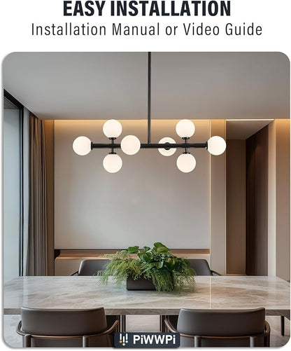 Modern Linear Chandeliers for Dining Room, 8-Light Globe Sputnik Pendant Ceiling Light, Black Dining Room Light Fixture Over Table, Mid Century Glass Milk White Bubble, 31.5 Inch, GC-09