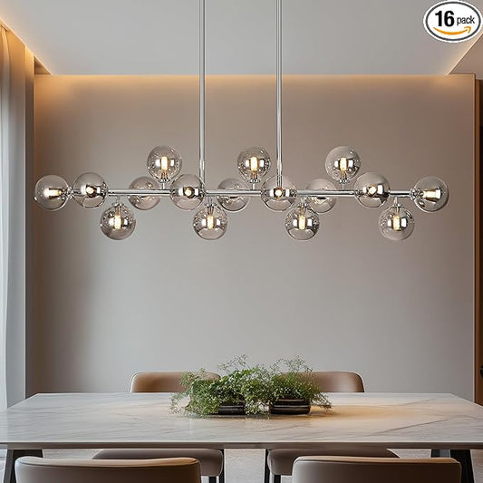 55 Inch Long Chandeliers for Dining Room Kitchen Island, Large Globe Sputnik Linear Chandelier, 16 Lights Mid Century Modern Light Fixture Over Table, Chrome and Smoke Grey Bubble, GC-08