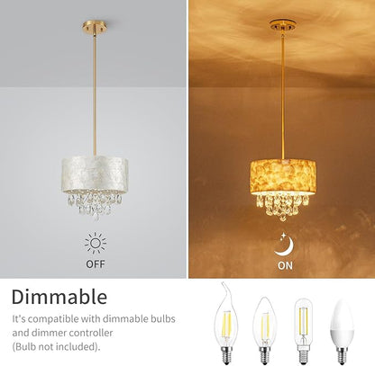 LumFurn D12 inch Capiz Shell Crystal Drum Chandeliers, 3-Light Coastal Style Pendant Light Fixture for Dining Room, Living Room, D12 x H19~49"(Adjustable Height), Shell Lampshade & Gold Finish