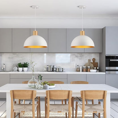 2 Pack Large White Pendant Light, 16 Inch Wood Dome Pendant Lights Fixtures Adjustable Modern Ceiling Hanging Lighting, for Kitchen Island Dining Room Farmhouse Restaurant