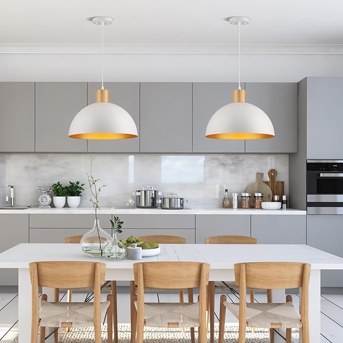 White Pendant Light, 16" Wood Dome Pendant Lights Fixtures Adjustable Large Modern Hanging Lighting, for Kitchen Island Dining Room Farmhouse Bar Restaurant