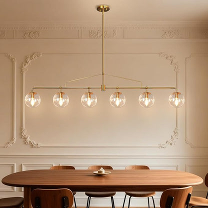 Gold Linear Chandelier 6 Lights Mid Century Modern Dining Room Chandelier Kitchen Island Pendant Light with Seeded Glass Shades for Island, Farmhouse, Dining Area, Dia 51.58 Inch