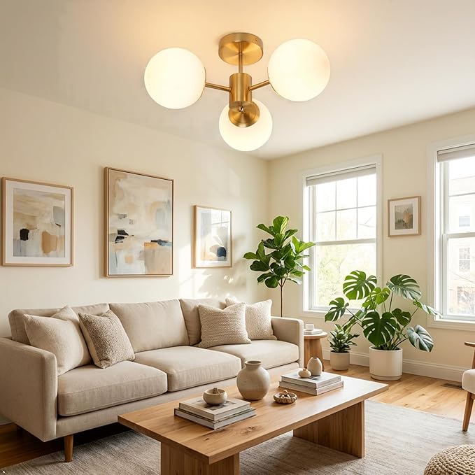 3 Lights Semi Flush Mount Ceiling Light Mid Century Modern Brass Ceiling Light Milk Glass Sputnik Small Chandelier for Bedroom Dinning Room Foyer Hallway