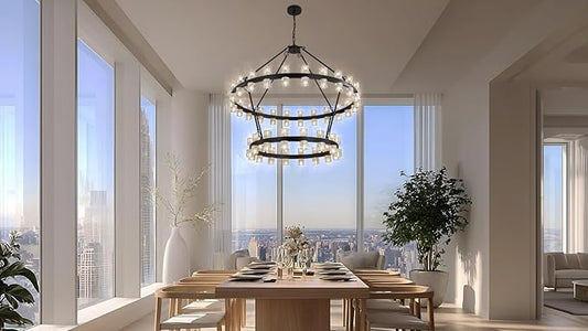 48 Inch Black Wagon Wheel Chandelier with Crystal Shade, 2 Tier 80 Lights, Modern Farmhouse Style, Ideal for Dining Room, Kitchen, Entryways