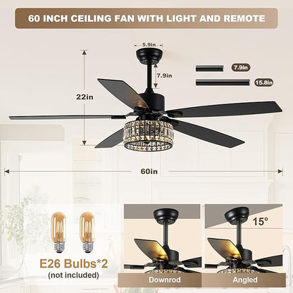 Chandelier Ceiling Fans with Lights and Remote,Caged Ceiling Fan with Light,App 5 Blades E26 Fandelier Ceiling Fans with Lights,Crystal Ceiling Fan for Bedroom,Living Room. (Black, 60 Inch)