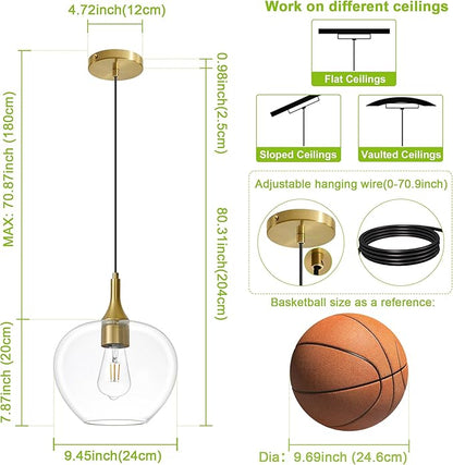 Glass Pendant Lights Kitchen Island, 9.45'' Brass Gold Pendant Lighting Fixtures, Modern Hanging Ceiling Light with Clear Glass Shade for Farmhouse Dining Room Bedroom Hallway(1 Pack)