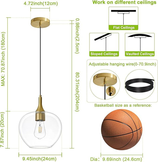Glass Pendant Lights Kitchen Island, 9.45'' Brass Gold Pendant Lighting Fixtures, Modern Hanging Ceiling Light with Clear Glass Shade for Farmhouse Dining Room Bedroom Hallway(1 Pack)