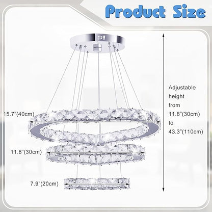 Crystal Chandeliers Modern LED 3 Ring Chandelier Adjustable Ceiling Light Fixtures Pendant Lighting Stainless Steel Hanging Lights for Living Room Dining Room Bathroom Bedroom, Cold White (Heart)