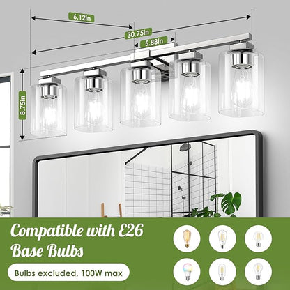 BesLowe 5-Light Bathroom Light Fixtures, Modern Chrome Bathroom Vanity Light, Bathroom Lighting Fixtures Over Mirror, Nickel Bathrom Wall Lamp, Wall Lights for Living Room Bedroom Hallway
