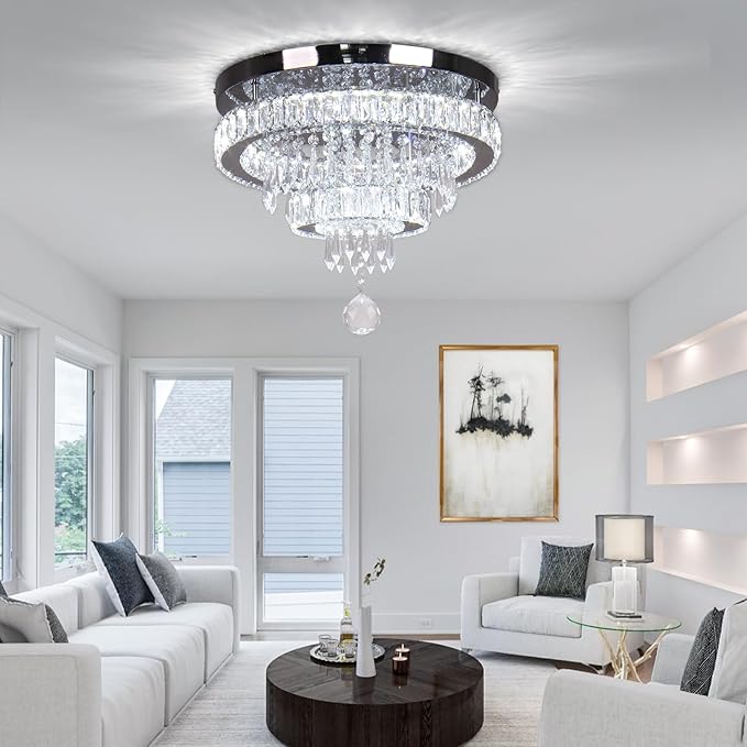 16" Crystal Chandeliers LED Crystal Ceiling Light Fixtures Flush Mount Ceiling Light Modern Chandelier Lights for Living Room Bedrooms Dining Room (6500K Cool White)