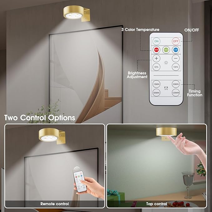 Picture Lights for Wall, 3 Lighting Modes Magnetic Art Display Light,Battery Operated Led Painting Light with Remote Control Dimmable & Timer,6Pack Gold