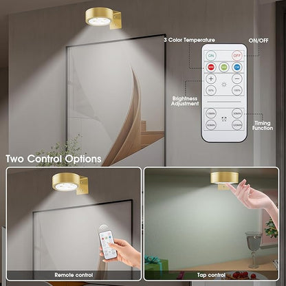Picture Lights for Wall, 3 Lighting Modes Magnetic Art Display Light,Battery Operated Led Painting Light with Remote Control Dimmable & Timer,6Pack Gold
