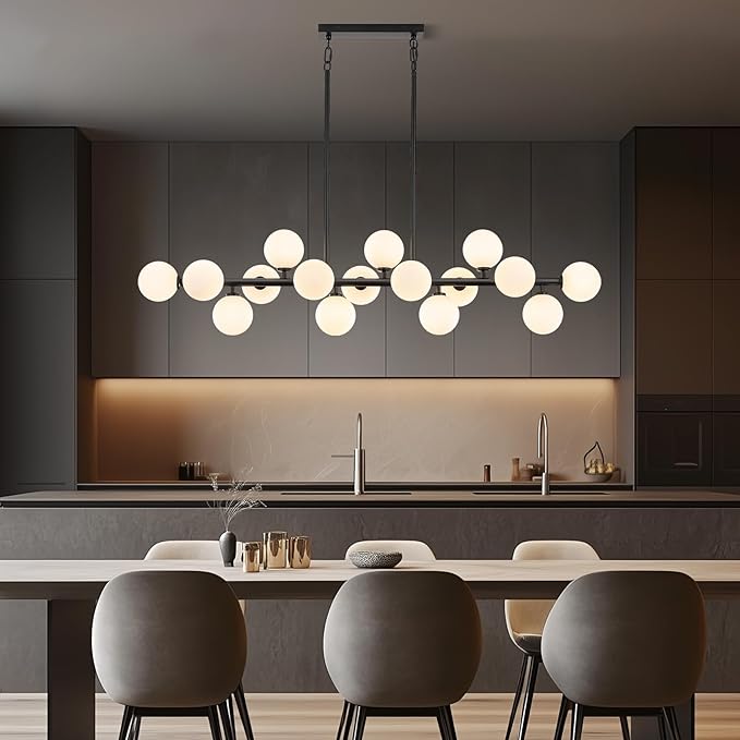 56 Inch Black Linear Chandeliers for Dining Room, Kitchen Island, Living Room, 16-Light Mid Century Modern Light Fixture Over Table, Large Milk White Glass Globe Sputnik Bubble Chandelier
