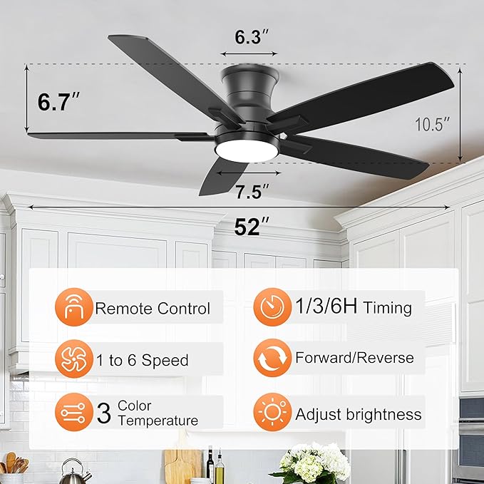 YUHAO 52 Inch Flush Mount Black Ceiling Fan with Light and Remote Control.Noiseless,Dimmable,3CCT,6 Speeds Reversible, Low Profile DC Ceiling Fans for Indoor or Covered Outdoor Use,ETL Listed