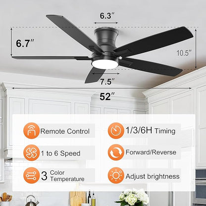YUHAO 52 Inch Flush Mount Black Ceiling Fan with Light and Remote Control.Noiseless,Dimmable,3CCT,6 Speeds Reversible, Low Profile DC Ceiling Fans for Indoor or Covered Outdoor Use,ETL Listed