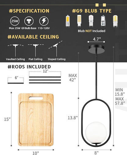 AUTELO 2 Pack Pendant Lights Kitchen Island, Matte Black Glass Pendant Lights with Milky White Globe Hanging Lamp, Adjustable Rods for Kitchen Bar Dining Room, H9376 MGBK-2PK