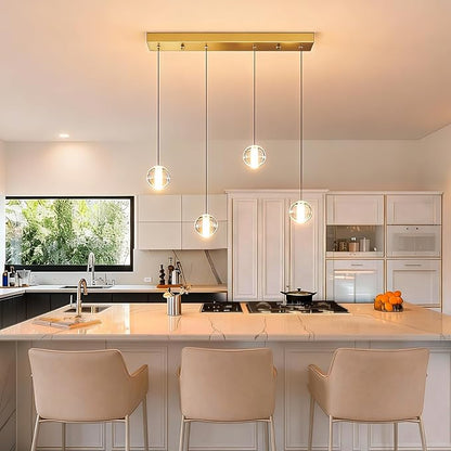 Brushed Gold 4 Lights Pendant Lights Kitchen Island Modern, Crystal Globe Hanging Dining Room Lights Over Table, Rectangular Chandeliers Over Sink for Living Room Hallway Bedroom