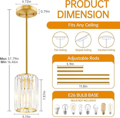 Gold Pendant Light, Modern Crystal Pendant Lights Kitchen Island, Kitchen Island Lighting with Adjustable Height, UL Certified Island Lights for Kitchen Dining Room Bedroom Hallway 1 Pack
