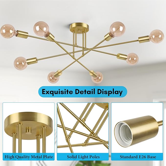 Modern Sputnik Chandelier 8-Light Industrial Ceiling Lights Fixture 32" Gold Semi Flush Mount Ceiling Light with E26 Base Sputnik Lights Fixture for Dining Room Bedroom Foyer Hallway Living Room