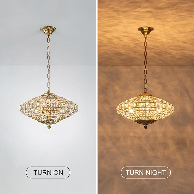 Crystal Chandelier, 18" Vintage Dining Room Light Fixture Farmhouse Large Foyer Chandeliers for High Ceilings Living Room Staircase Antique Brass