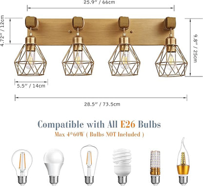 Farmhouse Bathroom Light Fixtures, 4-Light Gold Bathroom Vanity Light, Rustic Matte Antique Brass Finish with Metal Lampshade, Wall Sconces for Bedroom, Living Room, Hallway