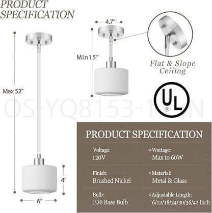 Brushed Nickel Pendant Lights Kitchen Island, 1-Light Modern Milk Glass Hanging Light Fixtures with Rods, Mini Kitchen Pendant Lighting Over Island for Sink Bathroom, OS-YQ8153-1PBN
