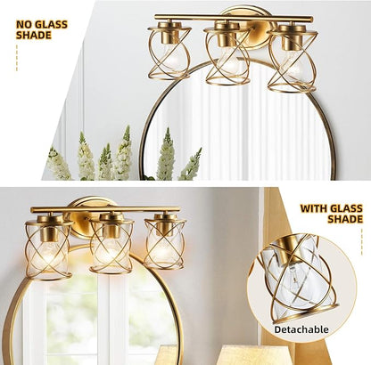 Mavcadonf Modern Vanity Lights with Cage Shade - 3 Lights, Brushed Gold, Over Mirror, for Bathroom & Kitchen