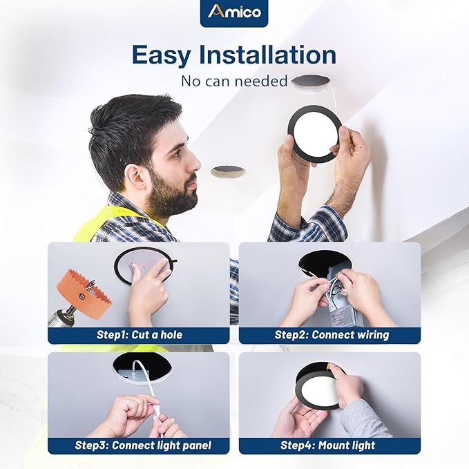 Amico 6 Pack 4 Inch 5CCT Ultra-Thin LED Recessed Ceiling Light with Junction Box, 2700K/3000K/3500K/4000K/5000K Selectable, 11W Eqv 70W, Dimmable Canless Downlight, 800LM High Brightness,Black