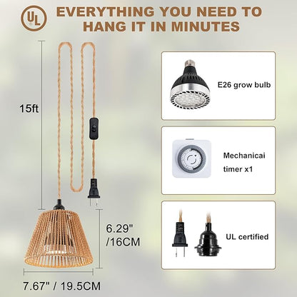 Hanging Grow Lights for Indoor Plants, Full Spectrum Grow Light, with Timer and 15FT Power Cord, 30W Pendant Plant Lights for Indoor Growing, Garden, Flowers, Greenhouse