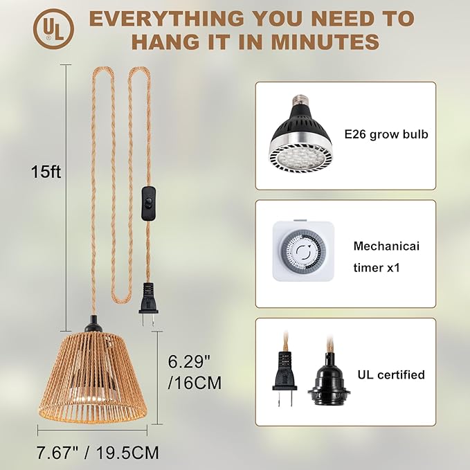 Hanging Grow Light for Indoor Plants, 30W 4000K Full Spectrum LED Pendant with Timer, Hand-Woven Shade, 15FT Cord, Kit for Seedlings, Succulents, Bright Living Rooms