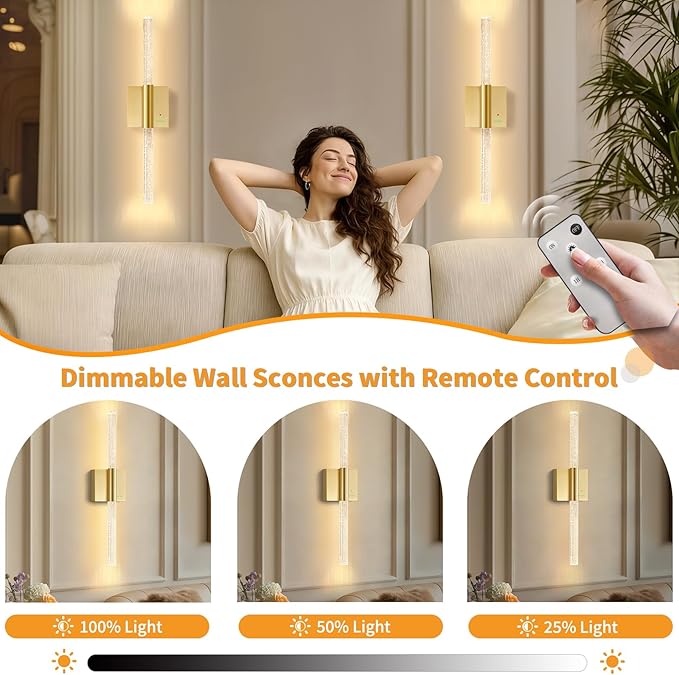 28” Battery Operated Wall Sconces Set of 2, 8000mAh Rechargeable Battery Powered Wall Light with No Hardwired, Extra Large Dimmable Led Lamp Fixtures for Bathroom Cabinet Study Room, Gold