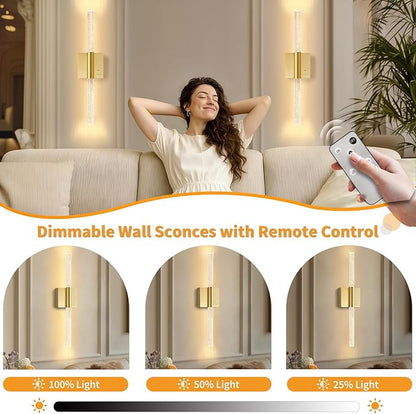28” Battery Operated Wall Sconces Set of 2, 8000mAh Rechargeable Battery Powered Wall Light with No Hardwired, Extra Large Dimmable Led Lamp Fixtures for Bathroom Cabinet Study Room, Gold
