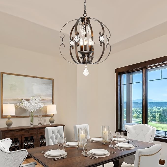 Farmhouse Crystal Chandeliers for Dining Room Light Fixture, 3-Light 18 Inch Candle Bronze Crystal Chandelier for Kitchen Island, Living Room, Foyer, Staircase, Villa
