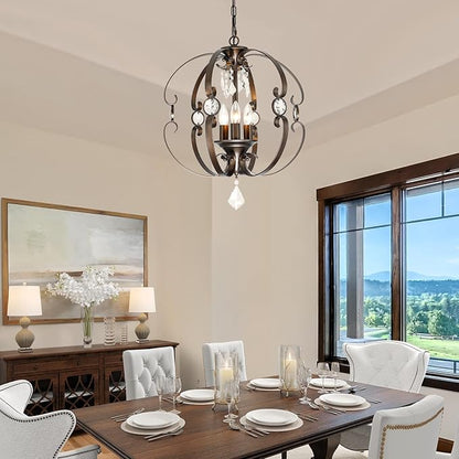 Farmhouse Crystal Chandeliers for Dining Room Light Fixture, 3-Light 18 Inch Candle Bronze Crystal Chandelier for Kitchen Island, Living Room, Foyer, Staircase, Villa