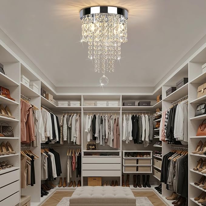 Modern 3 Light Crystal Chandelier,Silver Raindrop Crystal Ceiling Light,Small Flush Mount Ceiling Light Fixture for Hallway, Bedroom, Bathroom, Closet