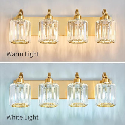 Crystal Vanity Lights, Modern 4-Light Bathroom Lights Over Mirror, Bathroom Light Fixtures with Polished Gold Finish for Mirror Bedroom Living Room (Exclude Bulb)