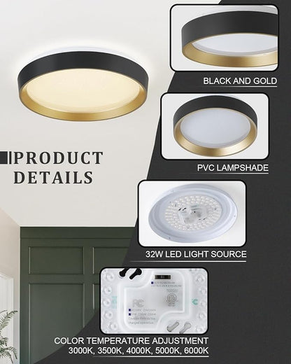 ANYLOVE 10 Inch Modern Flush Mount Ceiling Lights,White Gold Plastic Round Ceiling Light,Dimmable 3000K,3500K,4000K,5000K,6000K,for Living Room,Dining Room,Bedroom,Kitchen (Black and Gold, 15 Inch)