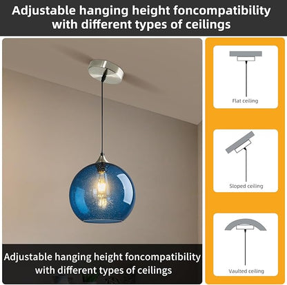 Modern 2-Pack Glass Globe Pendant Lights, Blue Modern Pendant Lighting for Kitchen Island, Clear Glass Hanging Lamps for Dining Room Living Room Bedroom, Medium 5.9 Inch Fixture (Bulbs Not Included)