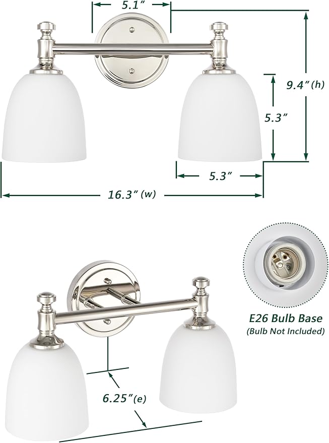 Bathroom Vanity Light, 2-Light Bathroom Light Fixtures Over Mirror, Traditional Vanity Lights for Living Room, Milk White Bell Glass Shades, Standard E26 Base, Polished Nickel
