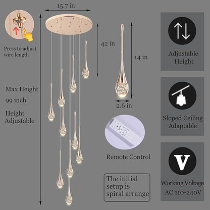 Modern Crystal Chandelier 9-Lights Gold, H98.5'' High Ceiling Spiral Dimmable LED Bubble Crystal Raindrop Light Fixture for Foyer Entryway Dining Room Remote Control