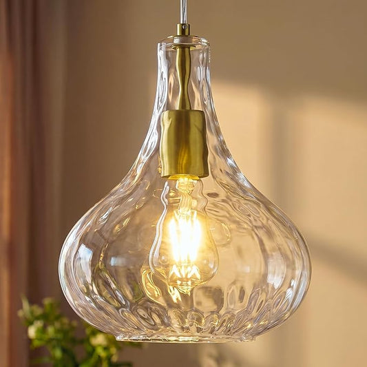 Modern Glass Pendant Light 9.44 in Clear Hammered Glass Shade Gold Farmhouse Island Pendant Lights for Kitchen Pendant Lighting Over Sink Bedroom Dining Room (1 Pack)
